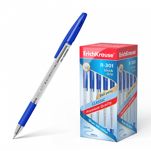 Ручка шариковая ERICH KRAUSE R-301 Classic Stick&Grip 1мм,синяя
