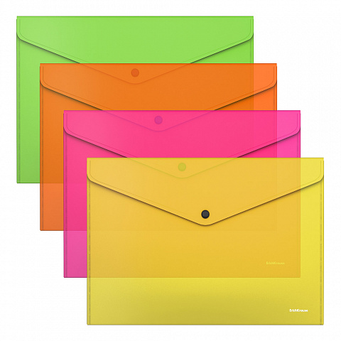 Папка конверт с кнопкой А4 ERICH KRAUSE Fizzy Neon, полупрозрачное ассорти