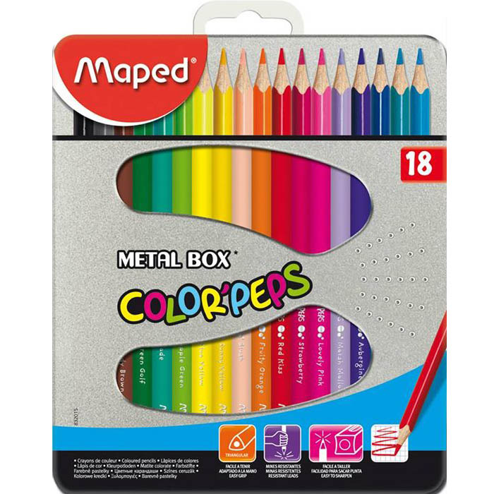 Карандаши MAPED 18 цветов COLOR"PEPS (треуг., ударопр.),металлическая коробка