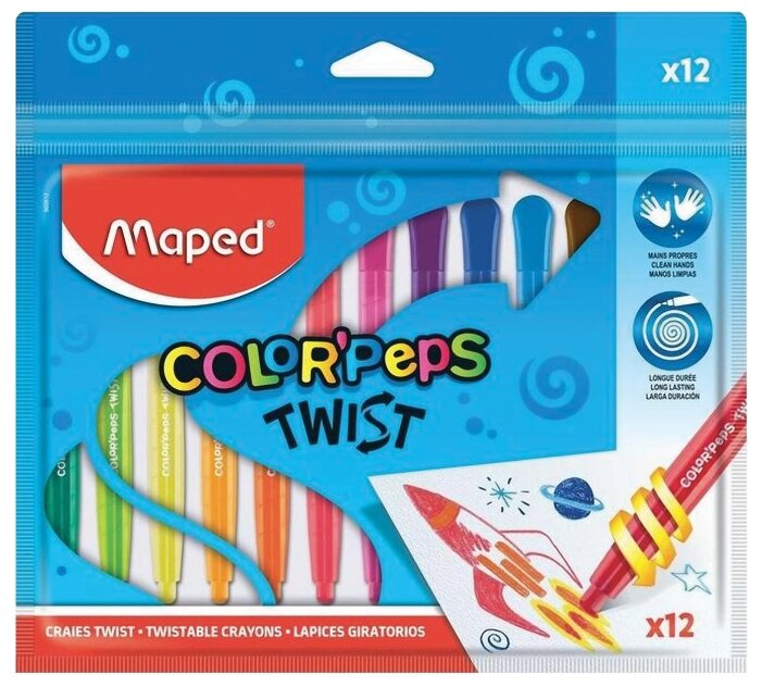Мелки восковые 12 цветов MAPED  COLOR" PEPS Twist ,выкручивающиеся в пакете с подвесом