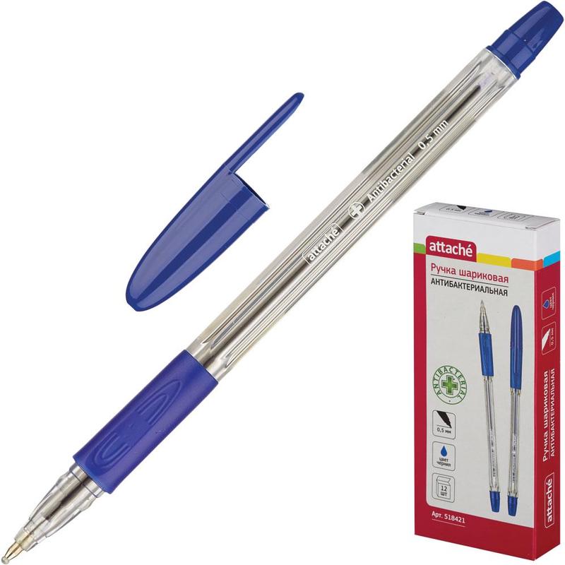 Ручка шариковая  ATTASHE Antibacterial А3,прозрачный корпусс манжетой,0,5 синяя 143мм