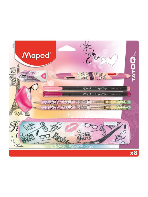 Набор MAPED Tatoos 8 предметов :пенал,ластик,точилка,ручка 4цв,2ч/гр карандаша,2 капилярных ручки