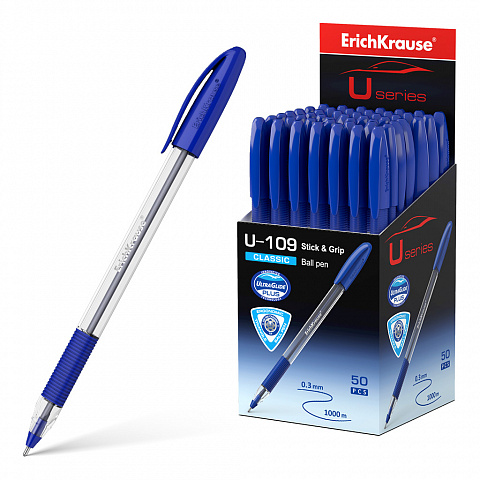 Ручка шариковая ERICH KRAUSE Ultra Glide Technology Classic Stick&Grip U-109  1мм,синяя 