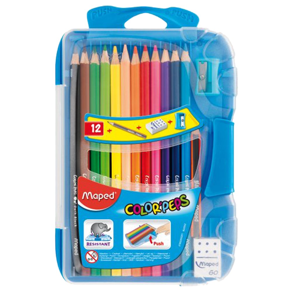 Карандаши MAPED 12 цветов COLOR"PEPS(треуг., ударопр.)+точилка+ластик+ч/г карандаш,коробка-пенал