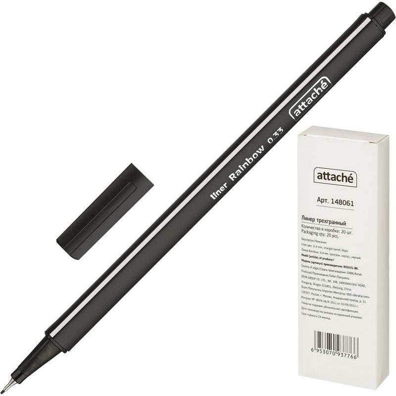 Ручка капиллярная ATTACHE Rainbow 0.4 трехгранная черная