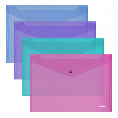 Папка конверт с кнопкой А4 ERICH KRAUSE Fizzy Vivid,полупрозрачная, ассорти