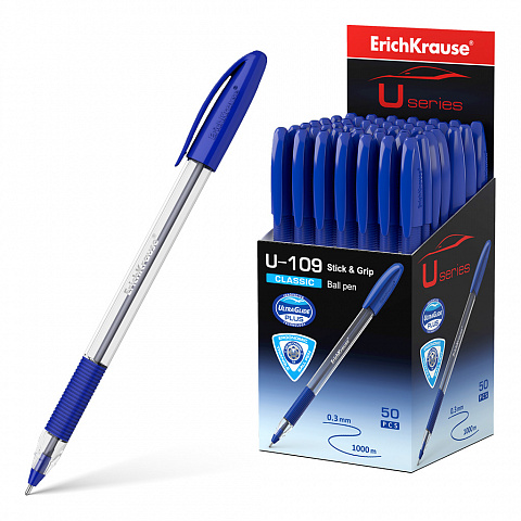 Ручка шариковая ERICH KRAUSE U-109 Ultra Glide Technology Classic Stick&Grip 1мм,прозрачный,синяя