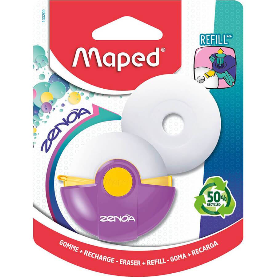 Ластик MAPED ZENOA круглый с поворотным пластиковым футляром, со сменным ластиком,в блистере,ассорти