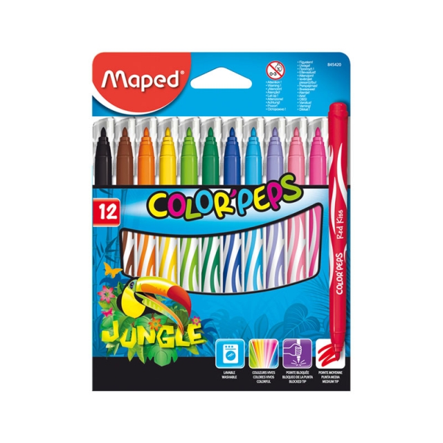 Фломастеры MAPED 12 цв. JUNGLE смываемые,картон