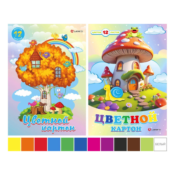 Картон цветной А4 LAMARK 12л 12 цветов немелованный в папке Сказки, 2 диз в коробке
