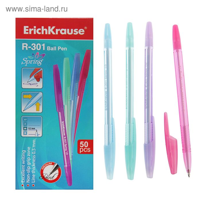 Ручка шариковая ERICH KRAUSE R-301 Spring Stick 1мм,цветной корпус,синяя